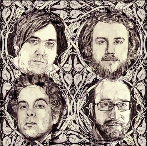 Black and white sketched portraits of four men with ornate floral background.