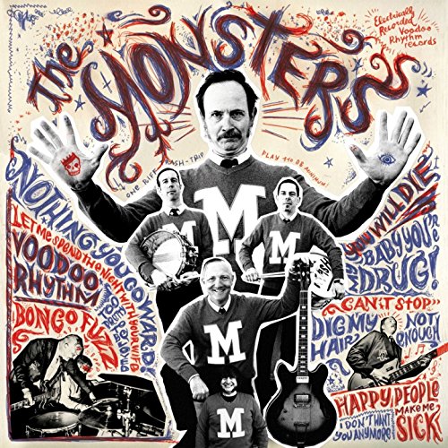 "Album cover featuring a collage of band members and song titles in colorful text."