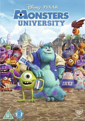 "Monsters University DVD cover featuring a green monster with a blue cap."