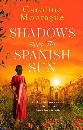 Book cover: woman in red dress views Spanish landscape at sunset.