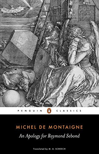 Book cover: “An Apology for Raymond Sebond” with detailed Renaissance-style illustration.