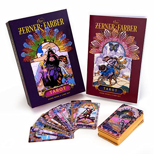 Two tarot card sets with guidebooks and sample cards displayed.