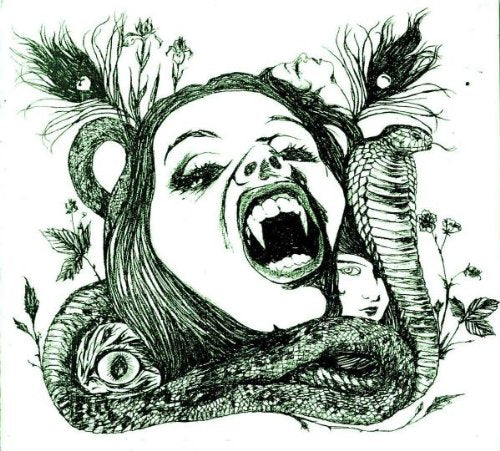 Ink drawing of a woman with snakes and floral elements.
