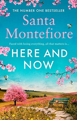 Book cover with floral design, a park bench, and rolling green hills.