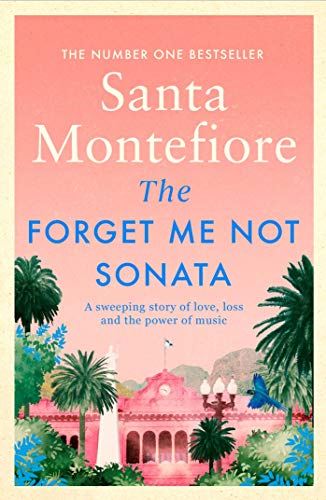 Book cover: "The Forget-Me-Not Sonata" with a pink villa and palm trees.