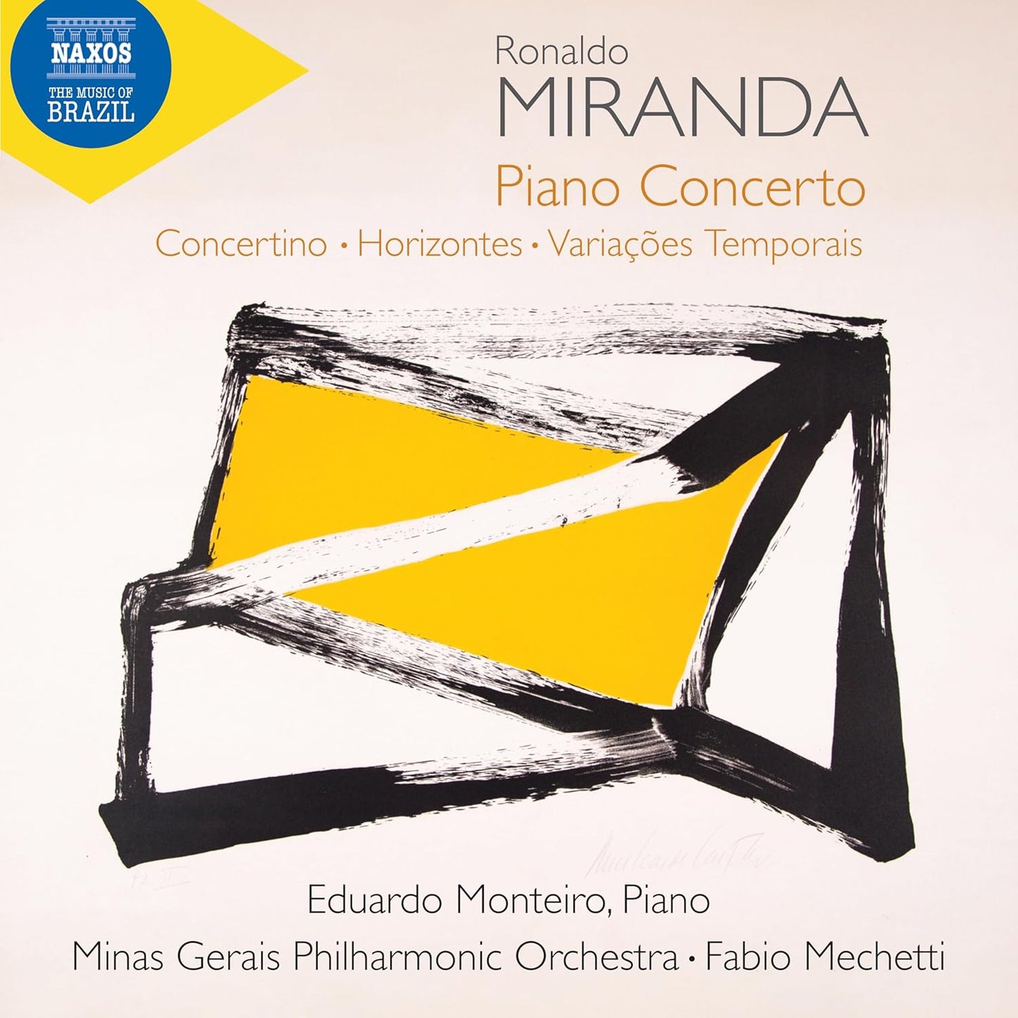 CD cover for Miranda’s Piano Concerto with abstract black and gold design.