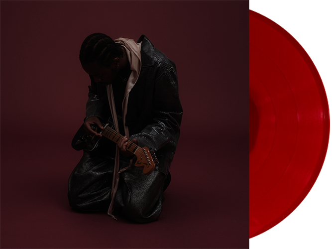 Montell Fish album cover featuring artist with guitar and red vinyl record.
