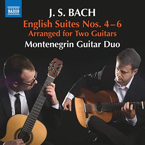 Two guitarists in suits with guitars, album cover for Bach’s English Suites.