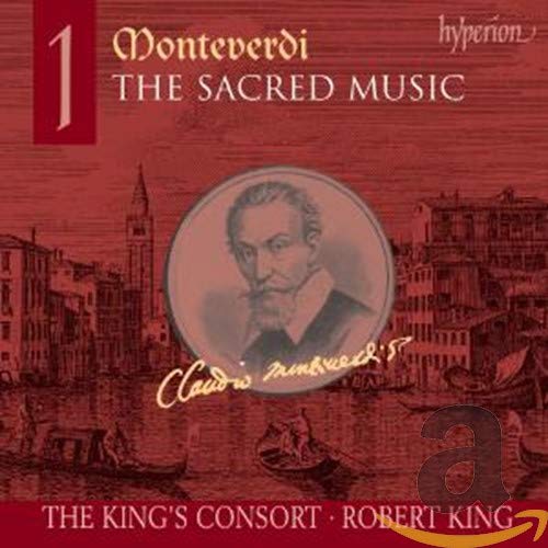 CD cover for Monteverdi’s “The Sacred Music” with portrait and Venice scene.