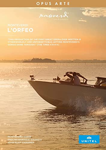 DVD cover for Monteverdi’s L'Orfeo, featuring a speedboat on water.