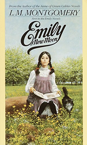 Book cover: young girl with black cat in a field, titled "Emily of New Moon".
