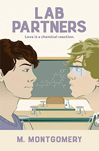 Book cover showing two young men facing each other in a science laboratory.