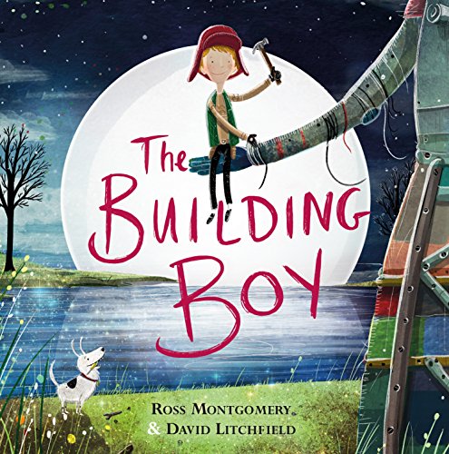 A boy with a hammer sits on a giant robot's hand before a full moon.