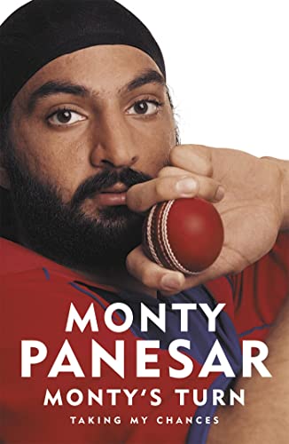 Book cover featuring cricketer Monty Panesar holding a red cricket ball.