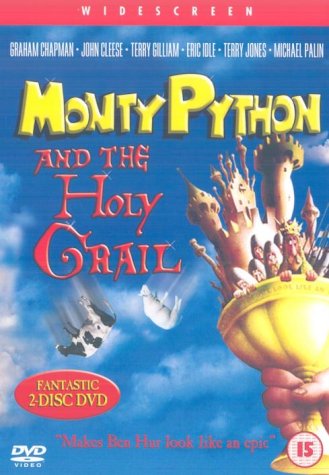 Monty Python and the Holy Grail" DVD cover with castle and grail.