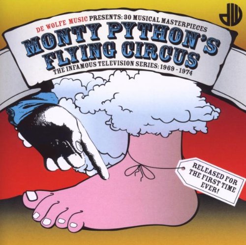 "CD cover art featuring a cartoon foot and banner with Monty Python's Flying Circus title."