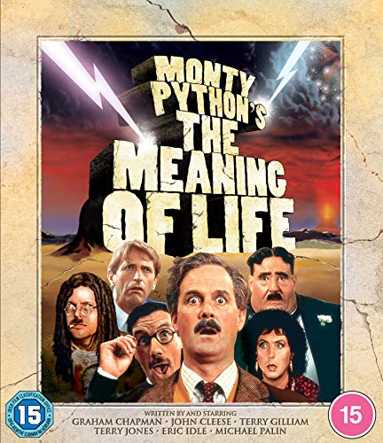 Monty Python's The Meaning of Life" Blu-ray cover with cast portraits.
