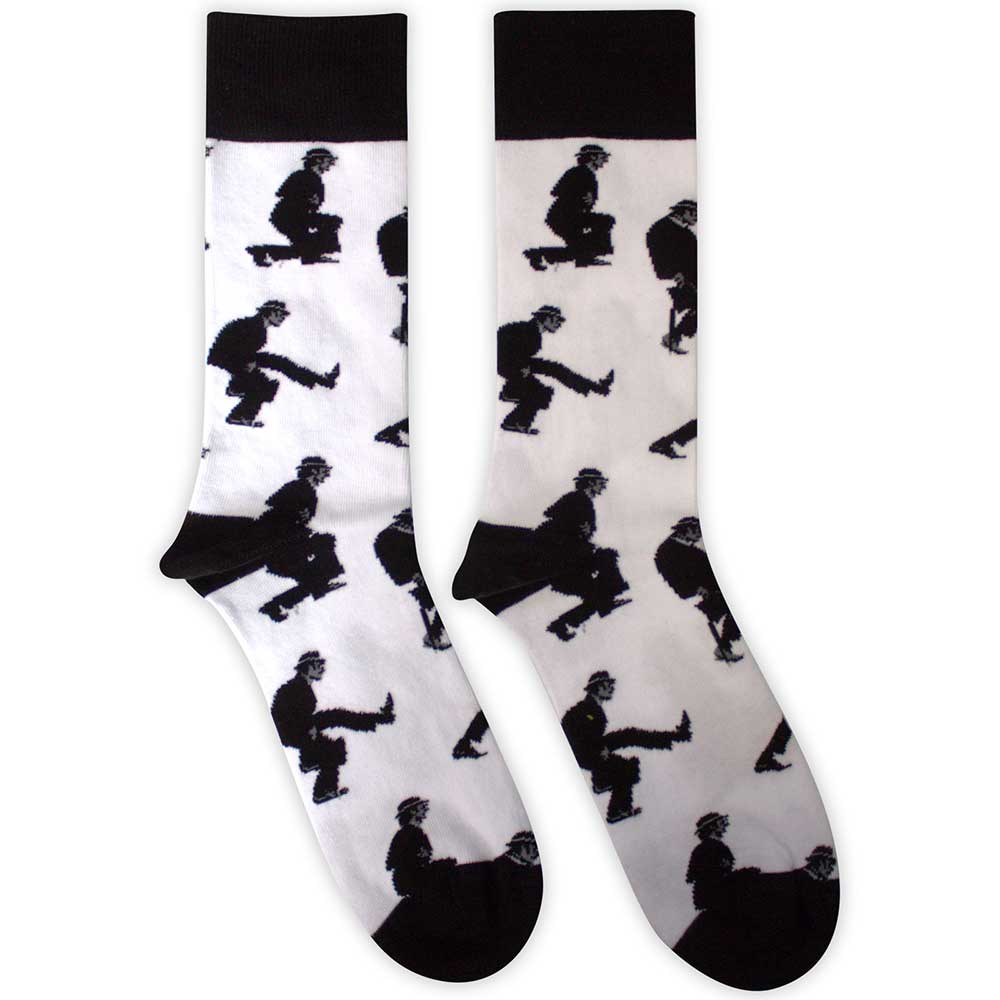 Ankle socks with a repeating pattern of figures performing silly walks.