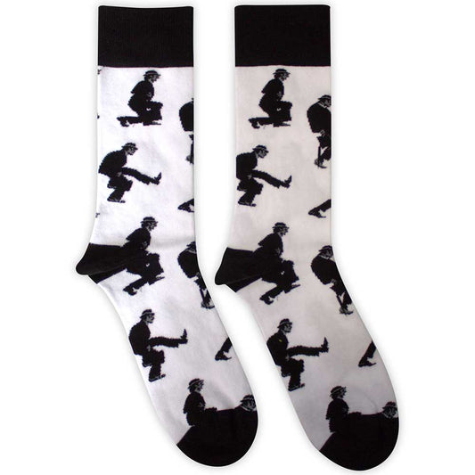 Ankle socks with a repeating pattern of figures performing silly walks.