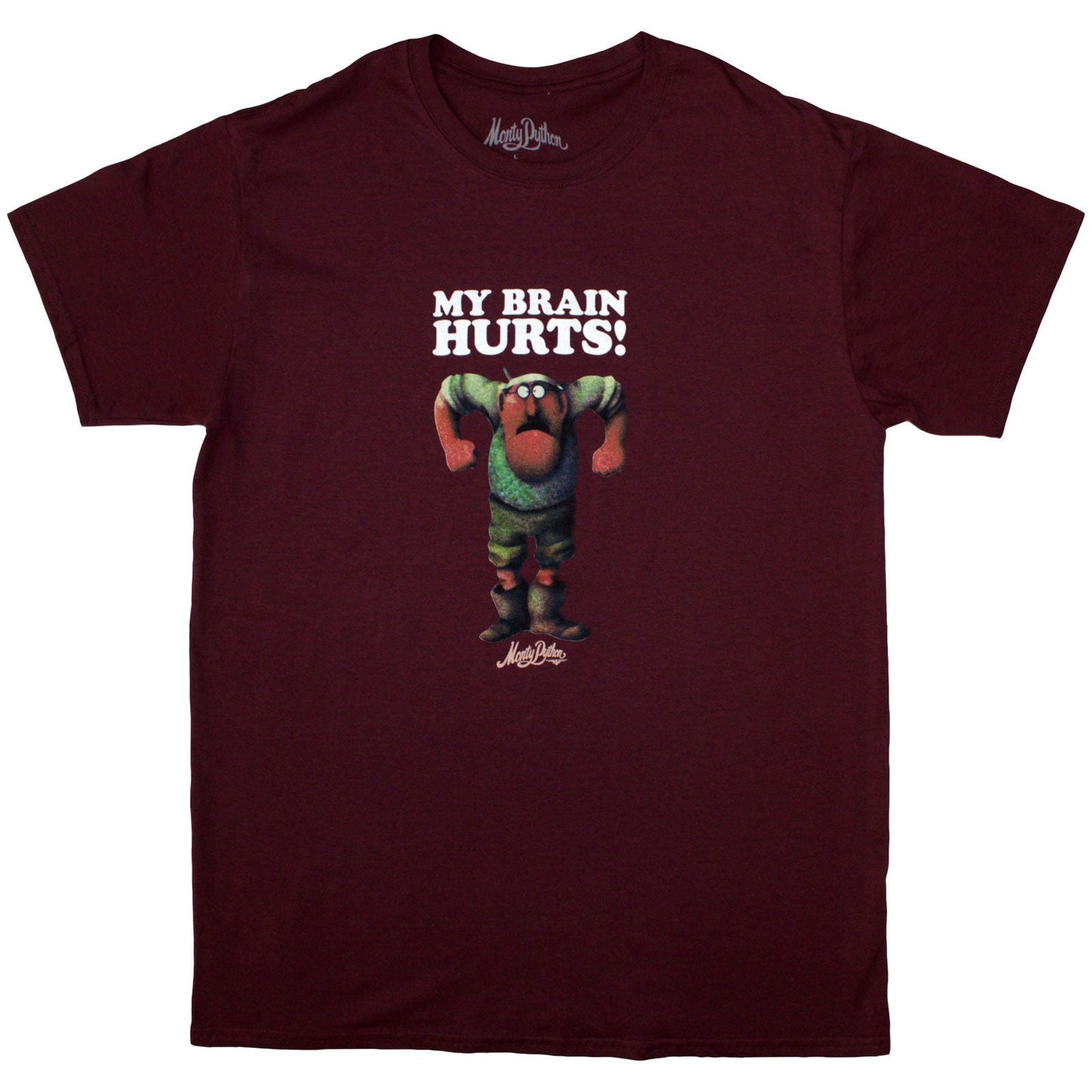 Black t-shirt with white text reading "My Brain Hurts" – Monty Python.