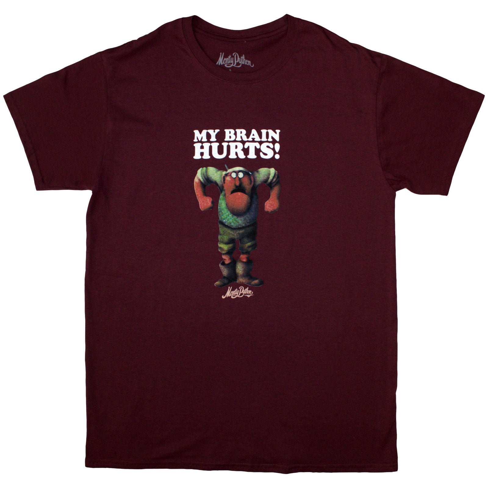 Black t-shirt with white text reading "My Brain Hurts" – Monty Python.