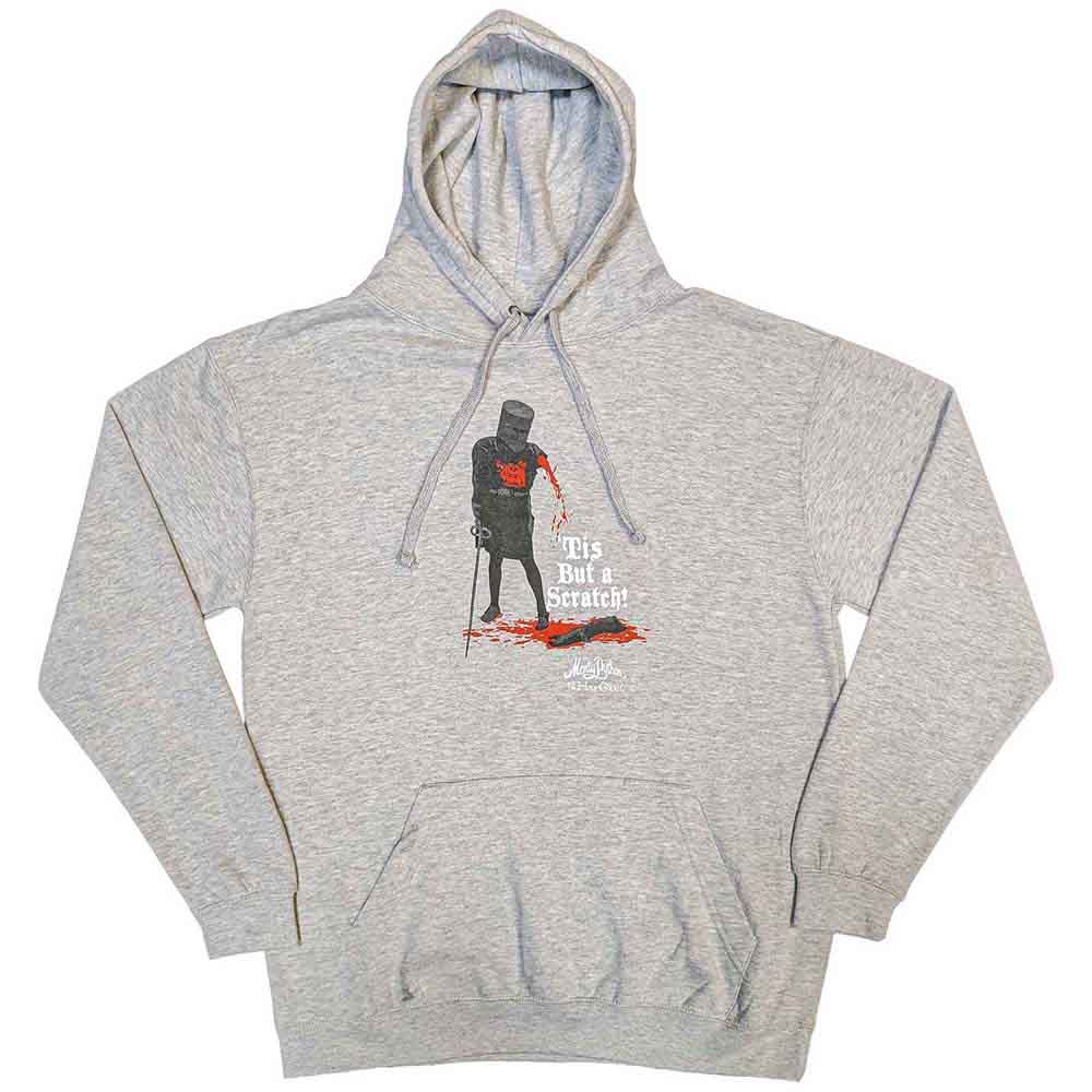 A black unisex pullover hoodie featuring the Monty Python Tis But A Scratch graphic.