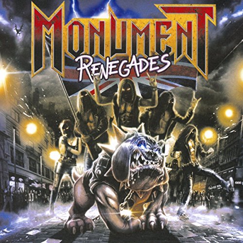 Album cover for Monument’s “Renegades” featuring figures and a bulldog.