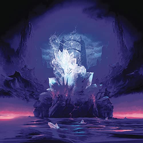 Digital painting of icy crystals and dark, jagged mountains.