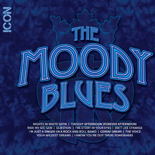 Moody Blues "Icon" CD cover: blue text on a dark, textured background.
