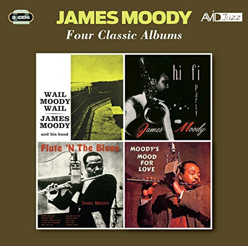 "Brown album cover with James Moody's name and four album covers featuring the artist."