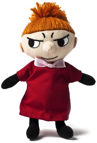 Little My plush toy with orange hair, red dress, and pink bow on white background.