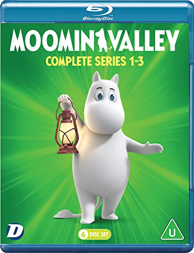 Moominvalley Blu-ray cover featuring a white Moomintroll holding a lantern.