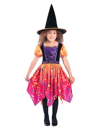 Child in a witch costume with orange, purple, and star details.