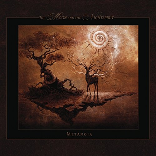Dark fantasy album cover featuring a tree, deer, and glowing spiral moon.