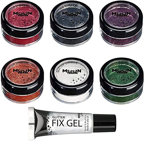 Six pots of glitter body paint in various colors, plus fix gel.