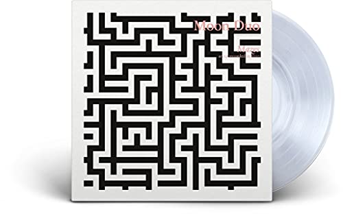 Vinyl record with black maze design on white cover, clear disc visible.