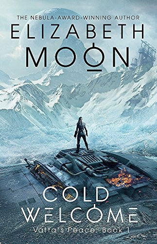 Sci-fi book cover: woman on tank, snowy mountains in background.
