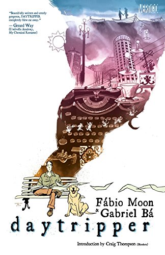 A man sits on a park bench with a dog beneath a surreal watercolor illustration.