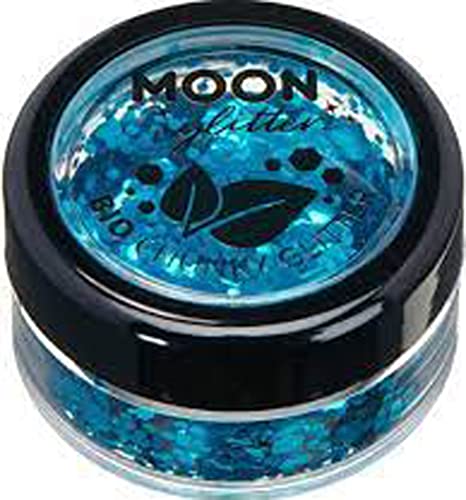 Round pot of blue, chunky biodegradable glitter with leaf graphic.