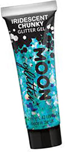 Tube of iridescent blue chunky glitter gel with “Moon” text.