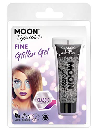 Silver glitter gel in a tube, packaged with a model wearing glitter.