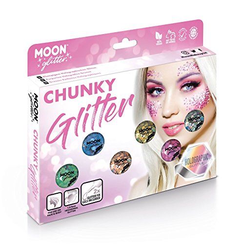 Box of assorted holographic chunky glitter with a model wearing glitter.