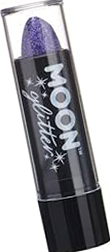 Black lipstick tube with purple, glittery lipstick visible inside.