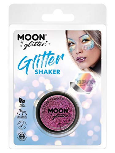 Pink holographic glitter shaker packaging with a model wearing glitter makeup.