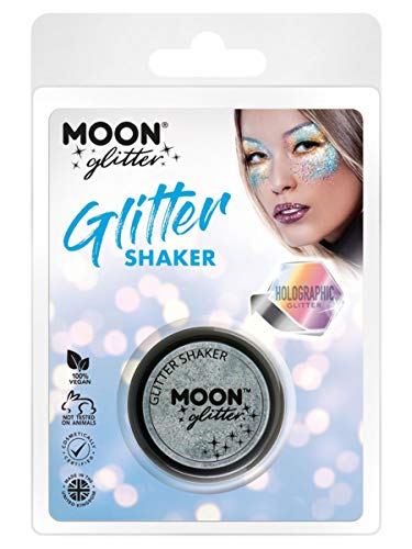 Silver glitter shaker with packaging showing a model with glitter makeup.