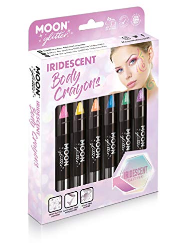 Six iridescent body crayons in a cardboard package, with face art example.