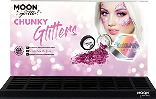 Pink packaging for chunky glitter with a model wearing glitter makeup.