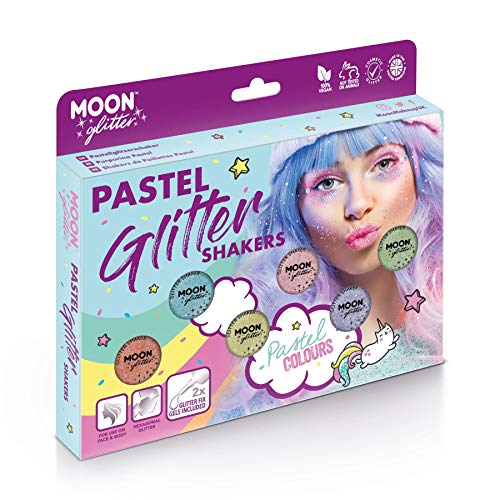 Box of Moon Glitter pastel glitter shakers with a model’s face.