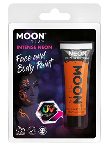 Orange neon UV face paint tube with painted face example.