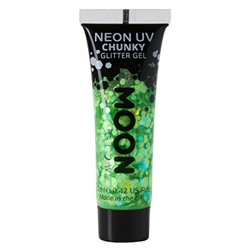 Tube of green glitter gel with "Moon Glow" and "Neon UV Chunky" text.